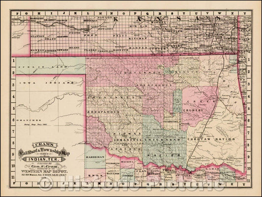 Historic Map - Cram's Rail Road & Township Map of Indian Ter, 1879, George F. Cram - Vintage Wall Art