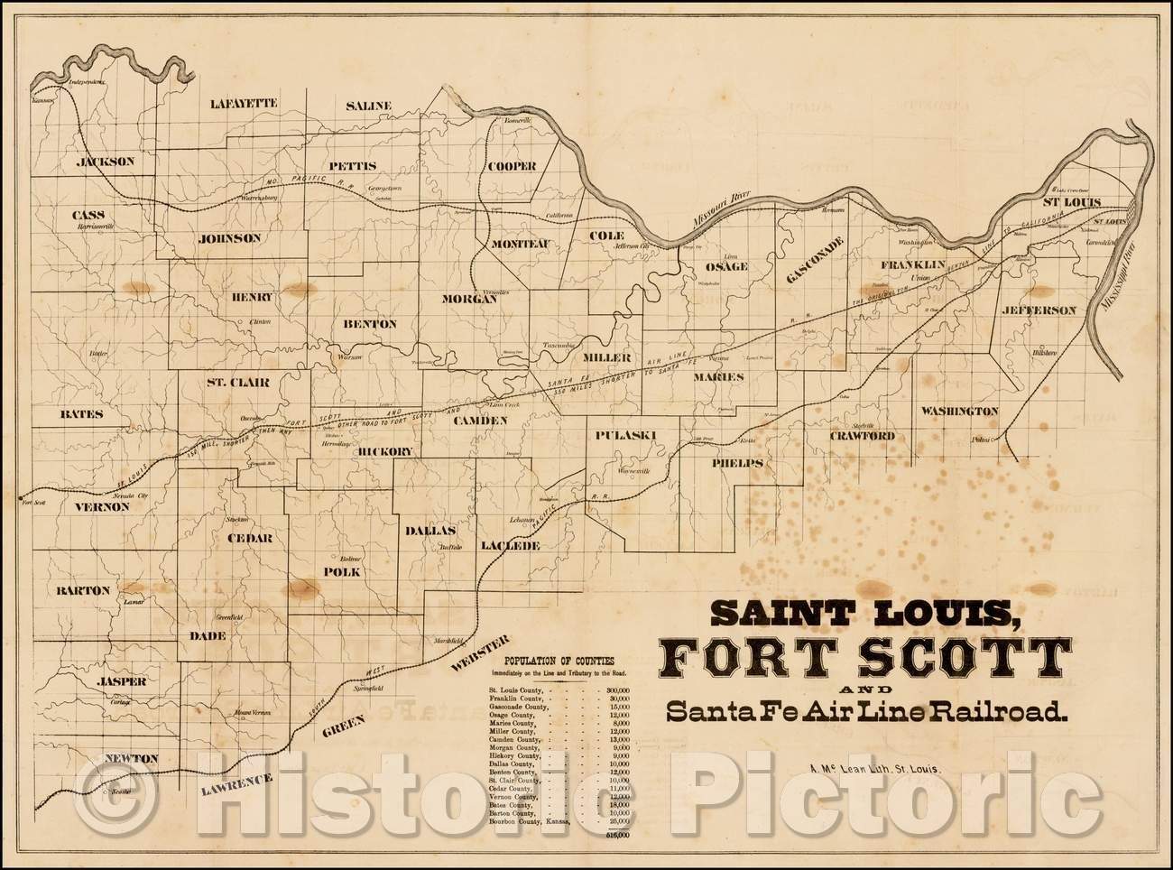 Historic Map - Saint Louis, Fort Scott and Santa Fe Air Line Railroad, 1870, A. McLean Lith. - Vintage Wall Art