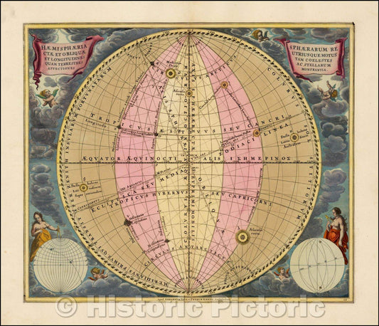 Historic Map - Haemisphaeria Sphaerarum Rectae Et Obliquae Utriusque Motus et Longitudines Tam Coelestes Quam Terrestres, 1660 - Vintage Wall Art