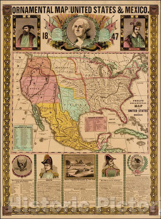 Historic Map - Ornamental Map of the United States & Mexico, 1847, Humphrey Phelps v2
