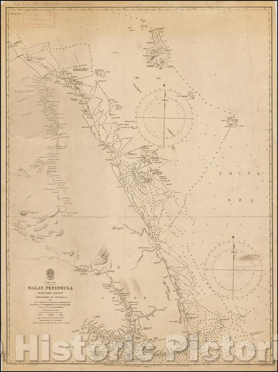Historic Map - Malay Peninsula Eastern Coast. Singapore to Tioman I, 1869, British Admiralty - Vintage Wall Art