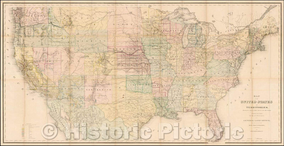 Historic Map - Map of the United States and Territories, Showing the extent of Public Surveys and other Details, 1869, U.S. General Land Office - Vintage Wall Art