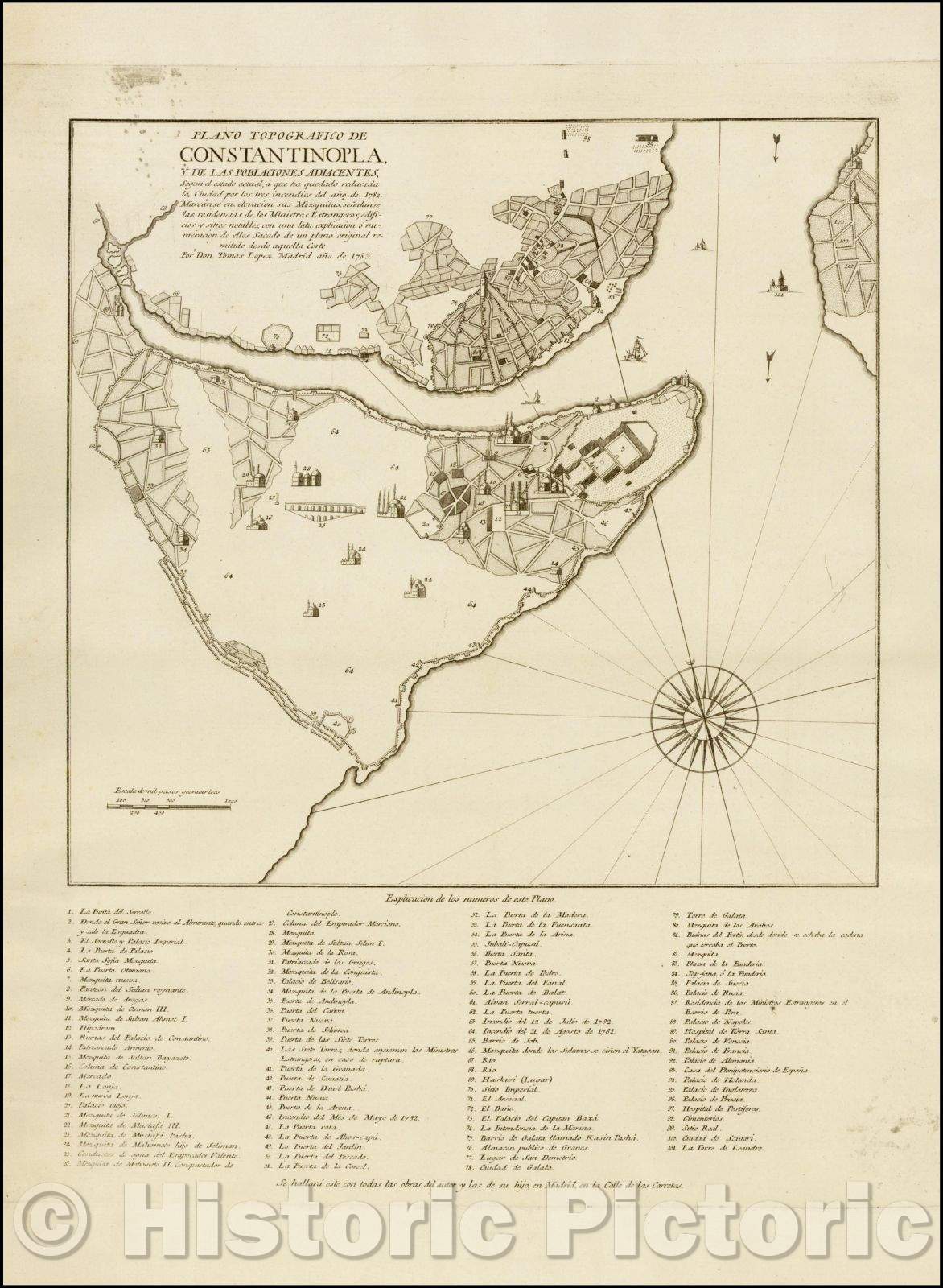 Historic Map - Plano Topografico De Constantinopla, y De Las Poblaciones Adiacentes/Plan of Istanbul, published by Tomas Lopez, 1783, Tom? L?ez - Vintage Wall Art
