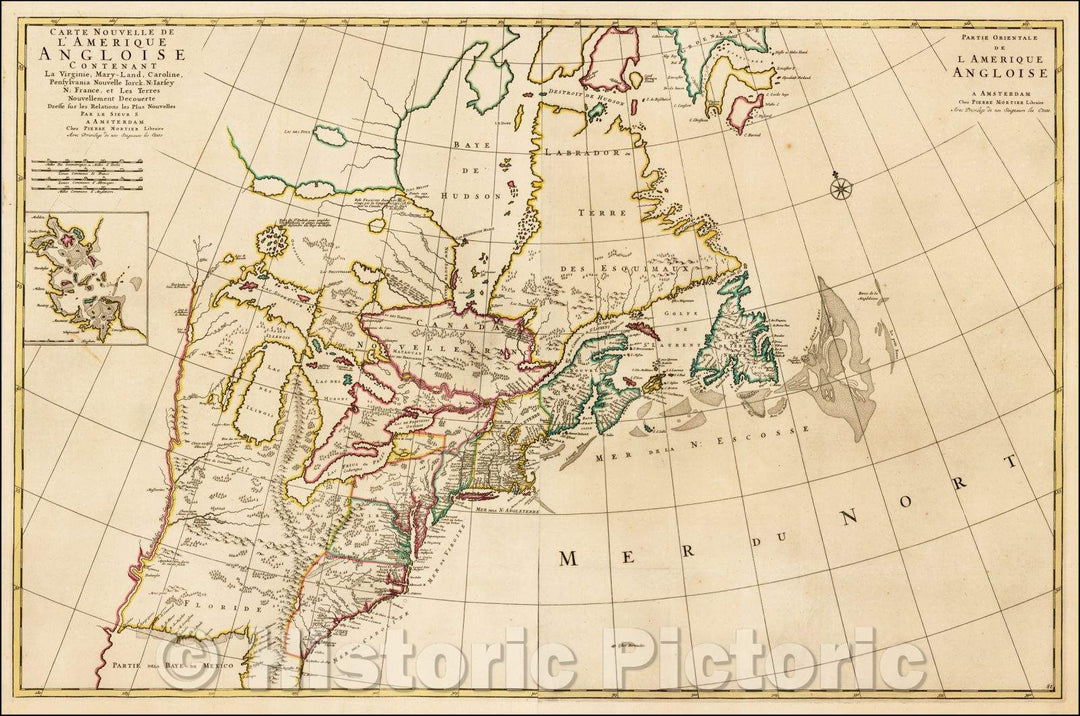 Historic Map - Carte Nouvelle de l'Amerique Angloise Contenant la Virginie, Mary-Land, Caroline, Pensylvania, Nouvelle Iorck, N: Iarsey N: France, 1700 v3