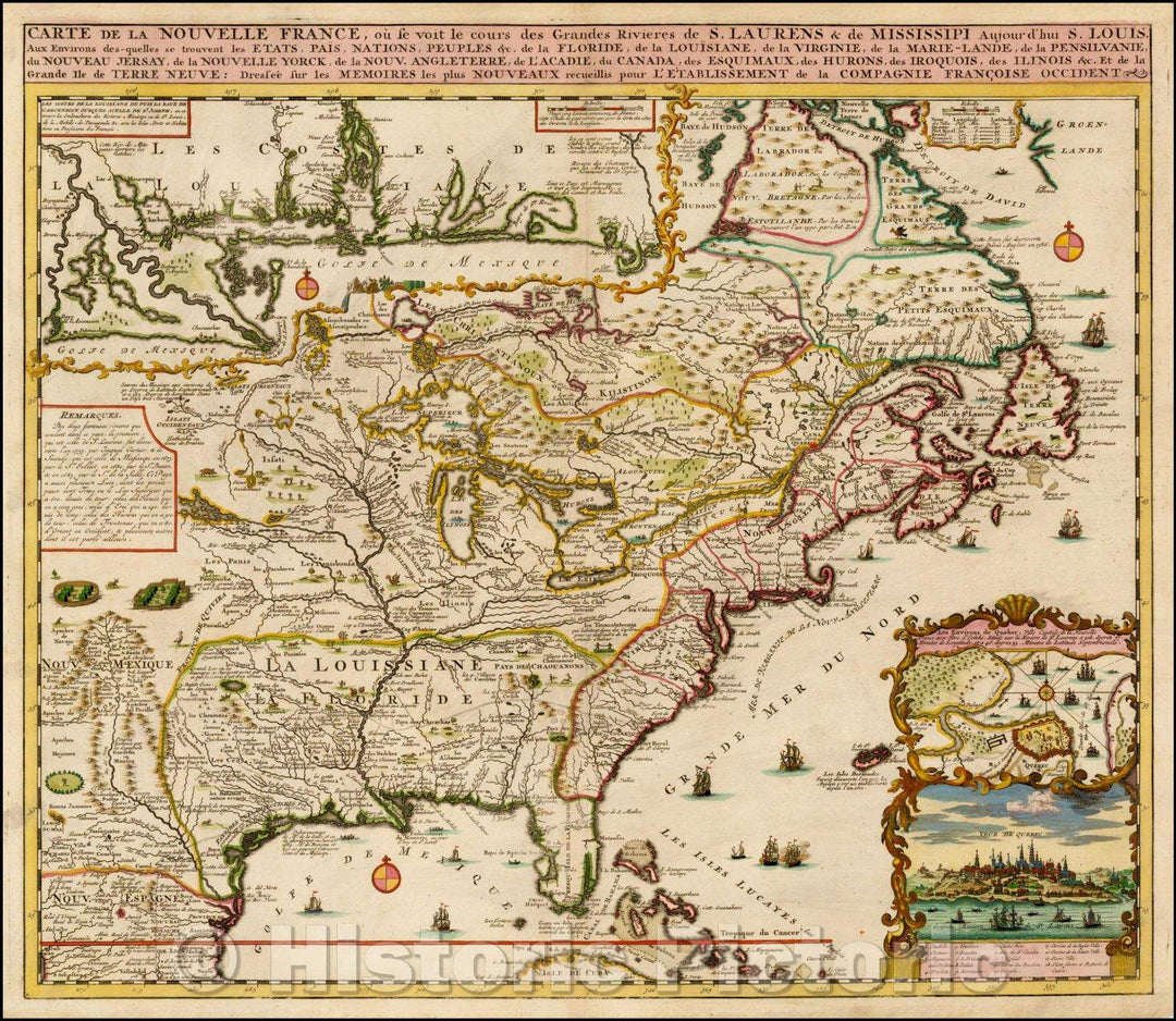 Historic Map - Carte De La Nouvelle France, ou se voit le cours des Grandes Rivieres de. S. Laurens & de Mississipi, 1719, Henri Chatelain v4