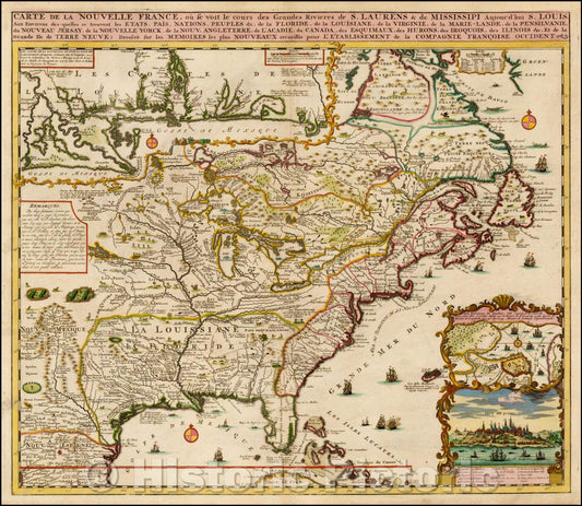 Historic Map - Carte De La Nouvelle France, ou se voit le cours des Grandes Rivieres de. S. Laurens & de Mississipi, 1719, Henri Chatelain v4