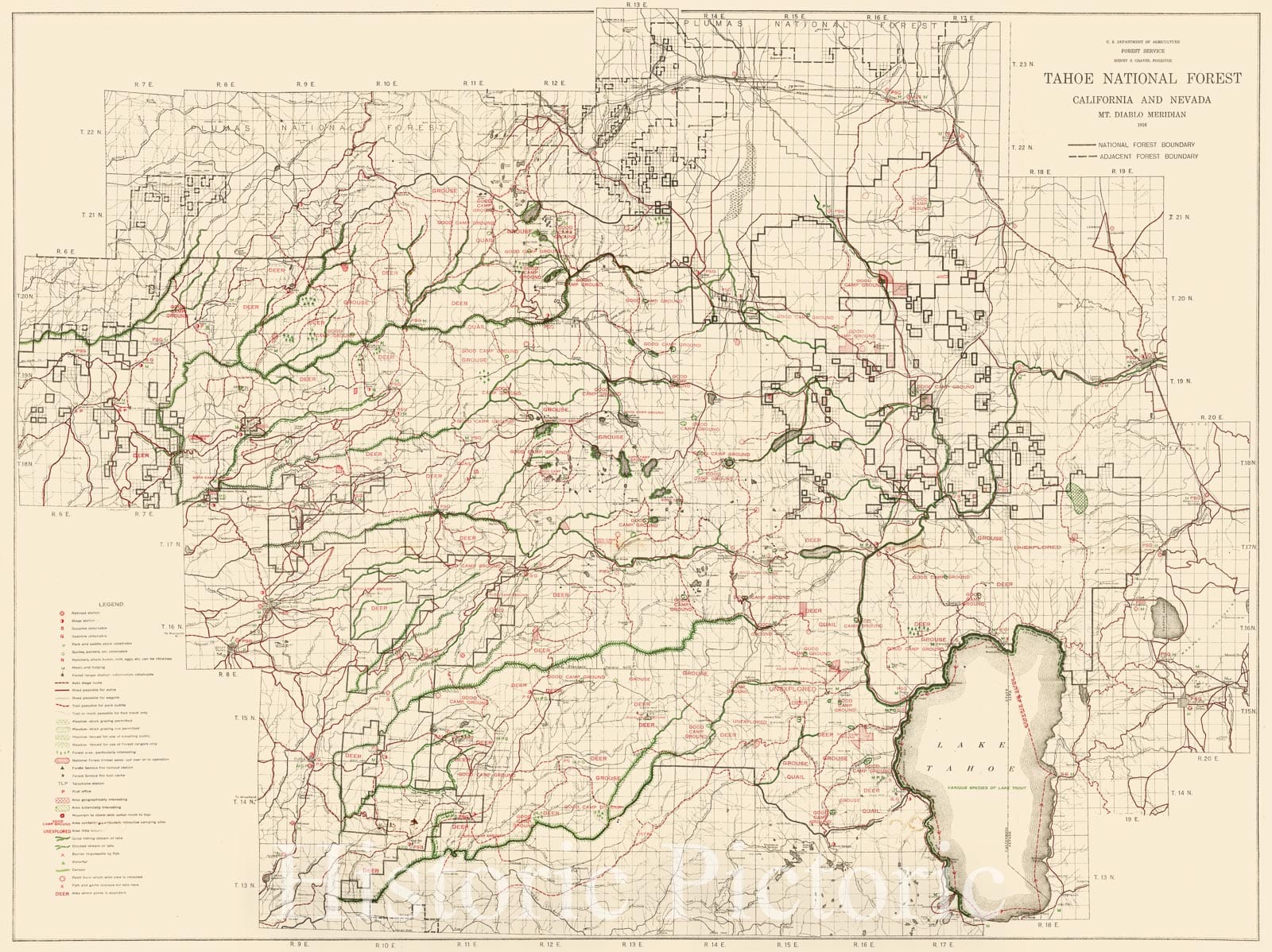 Historic Map - Tahoe National Forest, 1916, U.S. Department of Agriculture - Vintage Wall Art