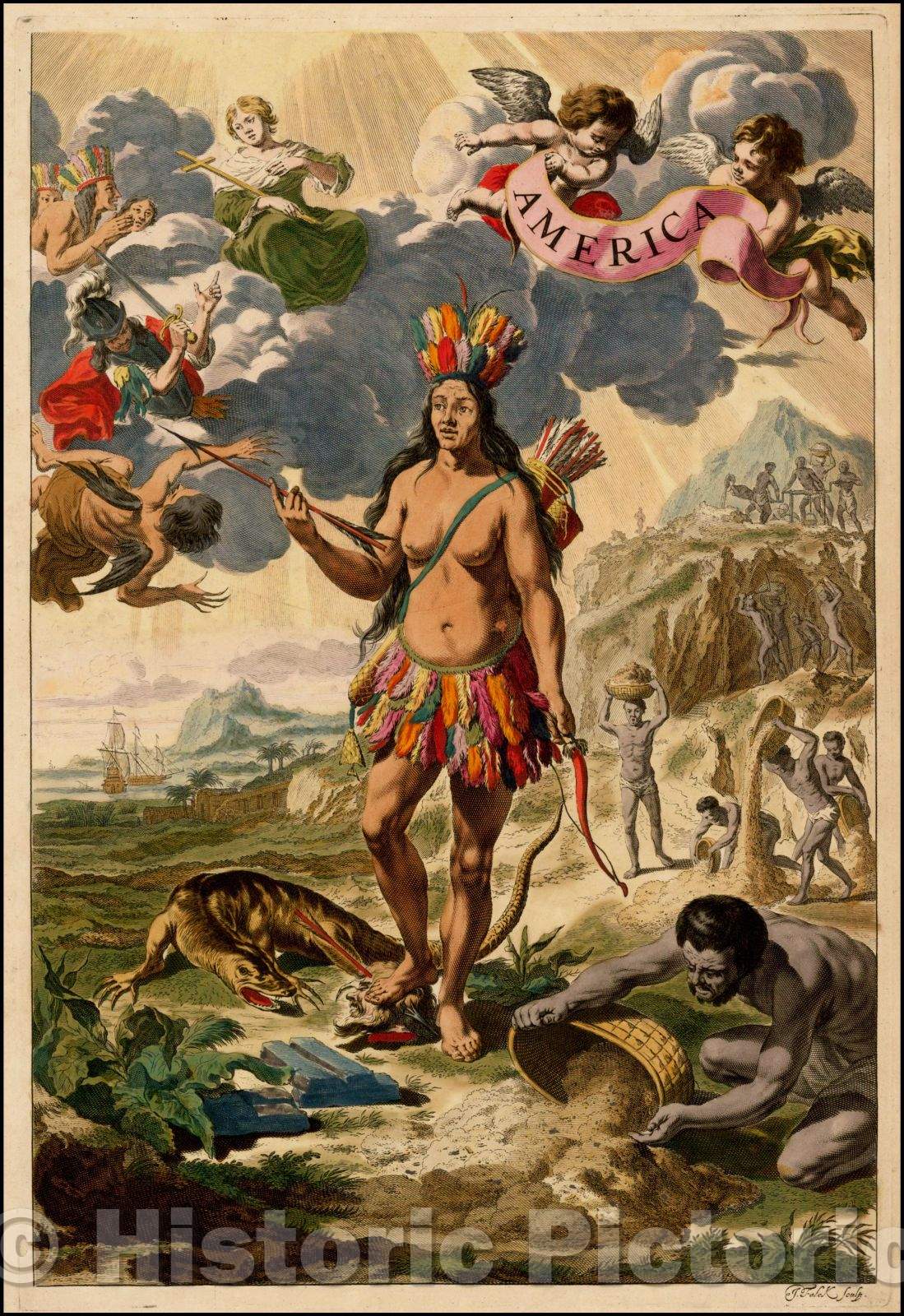 Historic Map - America (Decorative Frontispiece - Atlas Major) (Heightened in gold), 1662, Johannes et Cornelis Blaeu - Vintage Wall Art