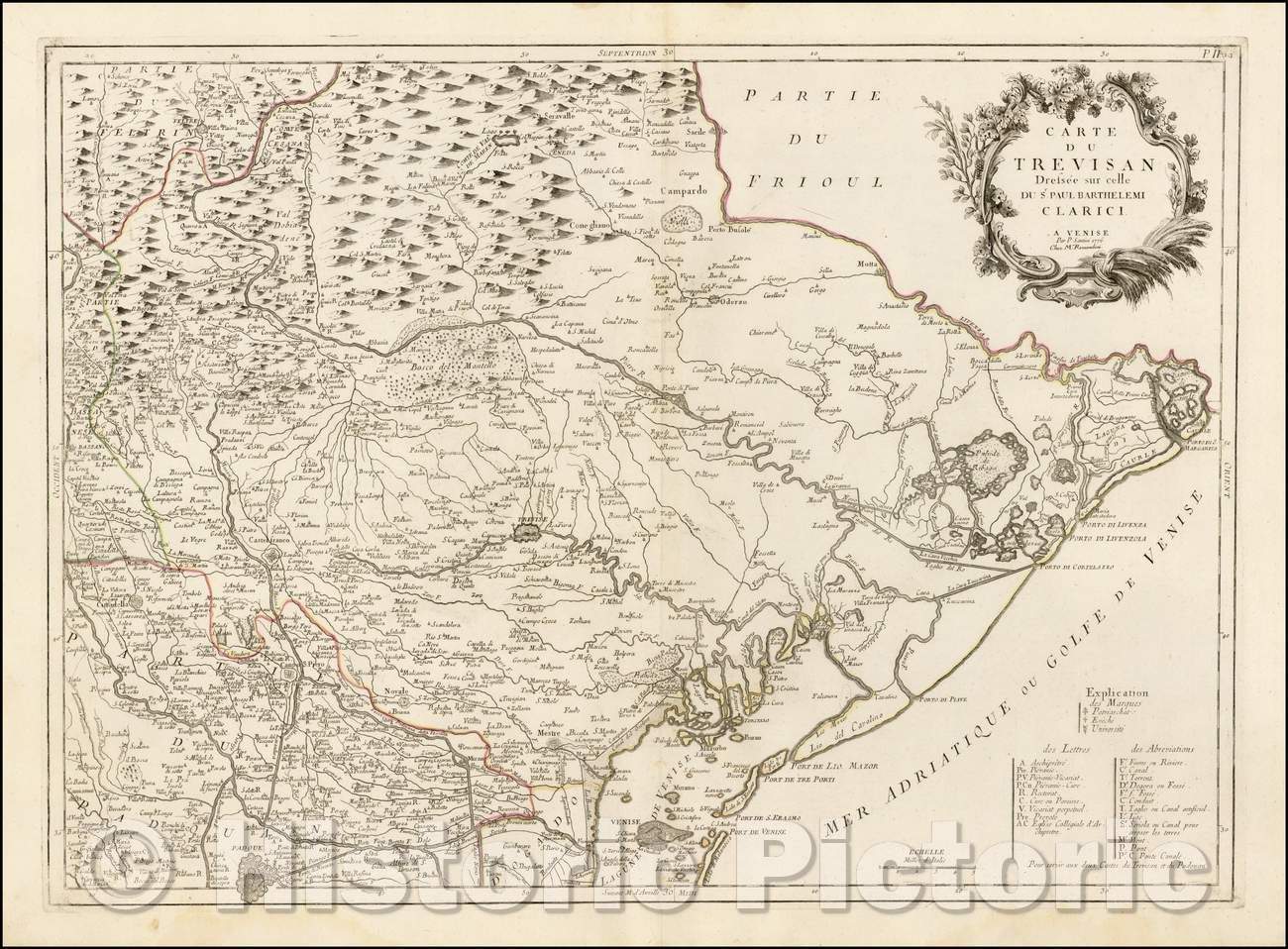 Historic Map - Carte du Trevisan/Regional Map of the area around Venice and Trevisa, published in Venice by Francois Santini, 1776, Paolo Santini - Vintage Wall Art