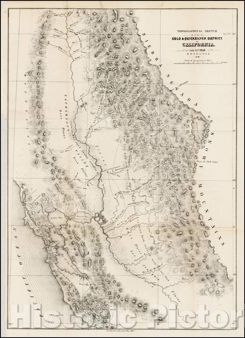 Historic Map - Topographical Sketch of the Gold & Quicksilver District of California July 25th 1848, 1848, Edward O.C. Ord v2
