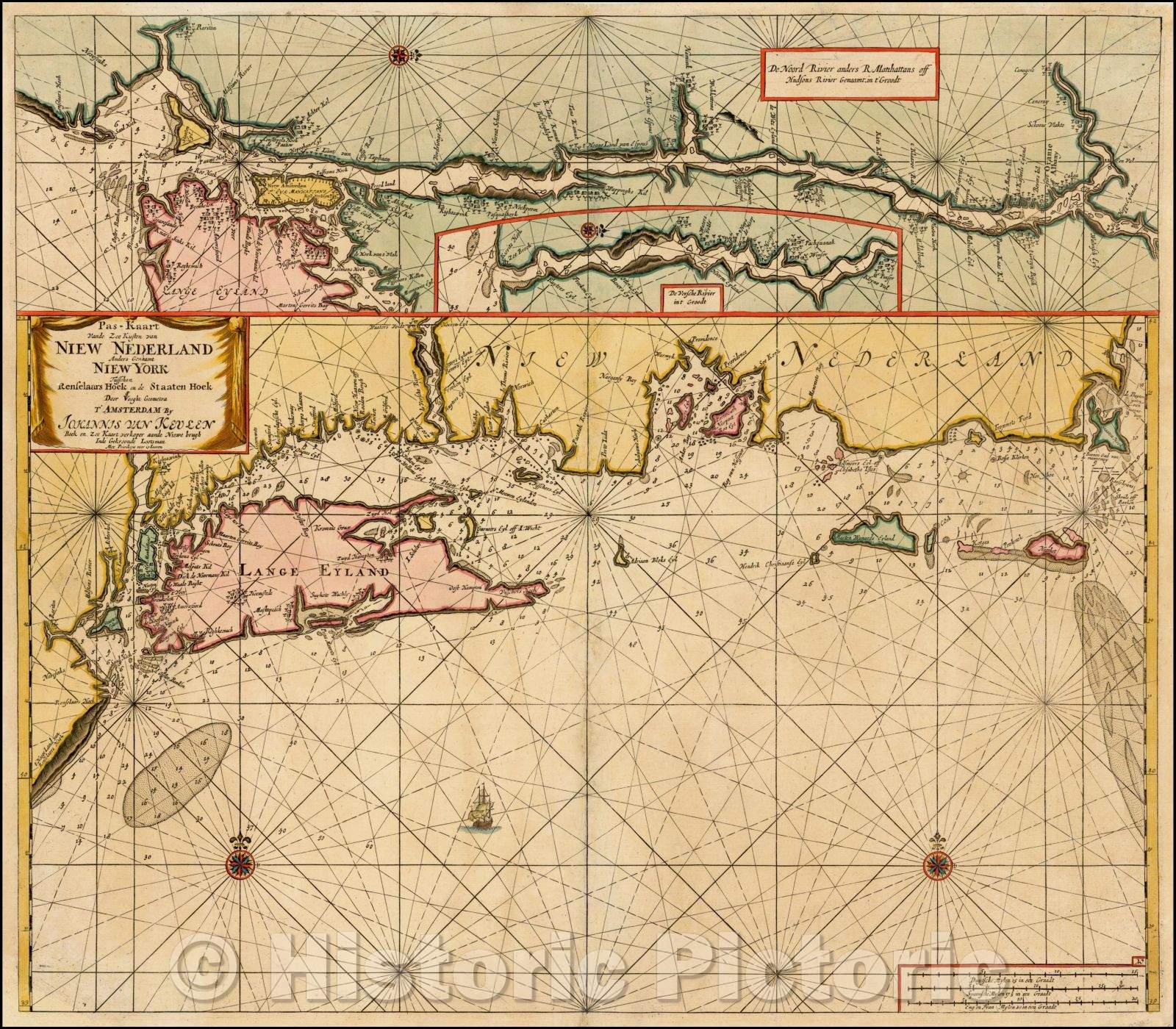 Historic Map - Pas-Kaart vande Zee Kusten van Niew Nederland anders Genaamt Niew York tusschen Renselaars Hoek en de Staaten Hoek, 1702, Johannes Van Keulen - Vintage Wall Art