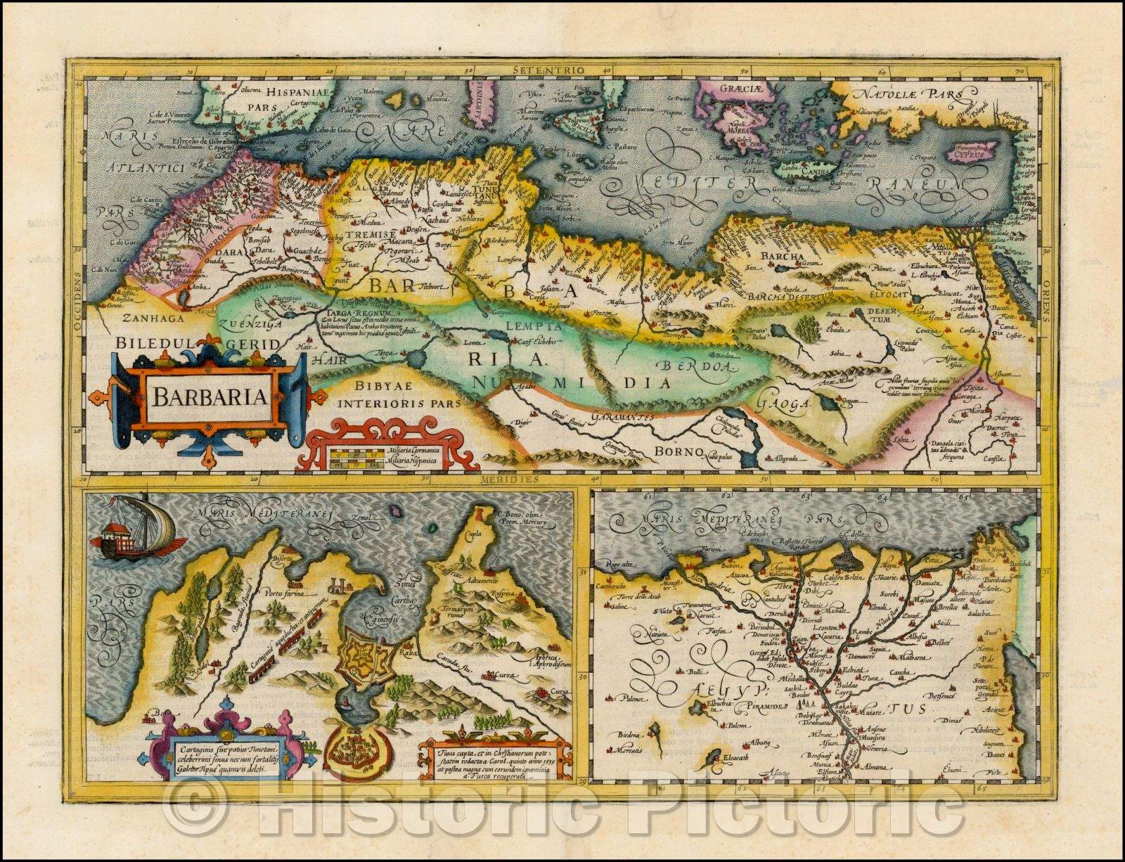 Historic Map - Barbaria with Cartaginis sive potius Tunetani celeberrimi Sinus nec non fortalitij, 1619, Jodocus Hondius - Vintage Wall Art