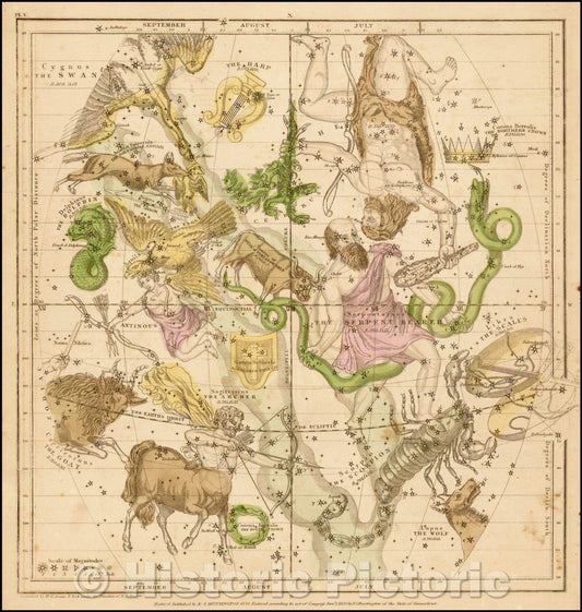 Historic Map - Constellations July, Aug & Sept Sky - Sagittarius, Scorpio, Libra, Capricorn, Hercules, Corona Boralis, Serpentrarius, Delphius, Aquila, 1835 v3
