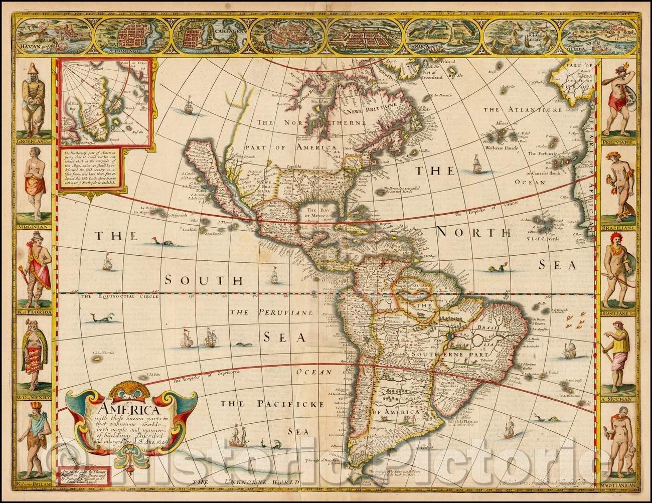 Historic Map - America with those known parts in that unknowne worlde both people and manner of buildings described and inlarged, 1676, John Speed v4