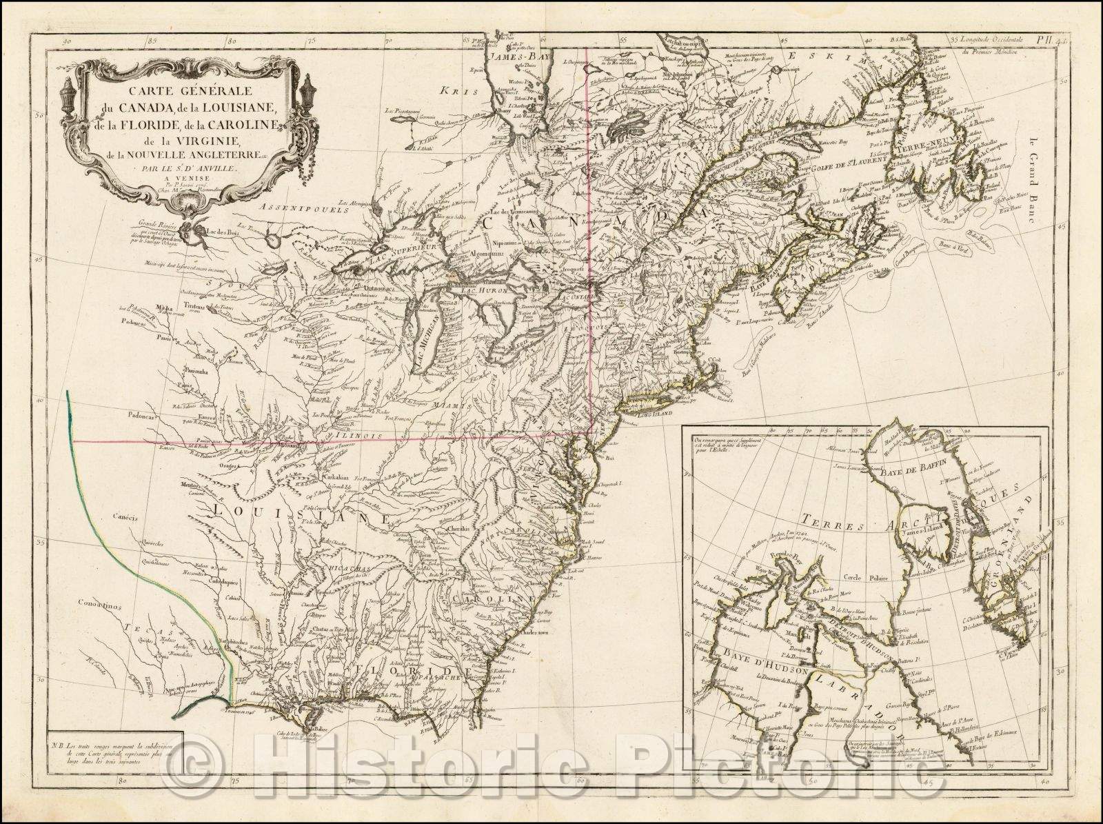 Historic Map - Carte Generale du Canada, de la Louisiane, de la Floride, de la Caroline, de la Virginie, de la Nouvelle Terre Par Le Sr. D'Anville, 1776 v1