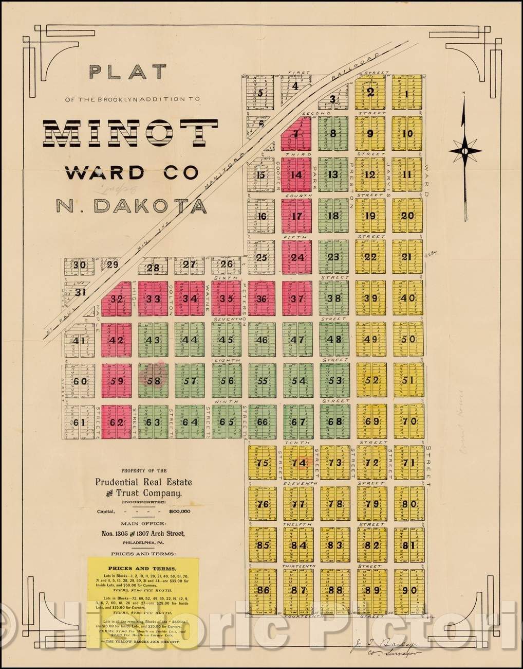 Historic Map - Plat of the Brooklyn Addition To Minot Ward Co N. Dakota, 1889, Anonymous - Vintage Wall Art