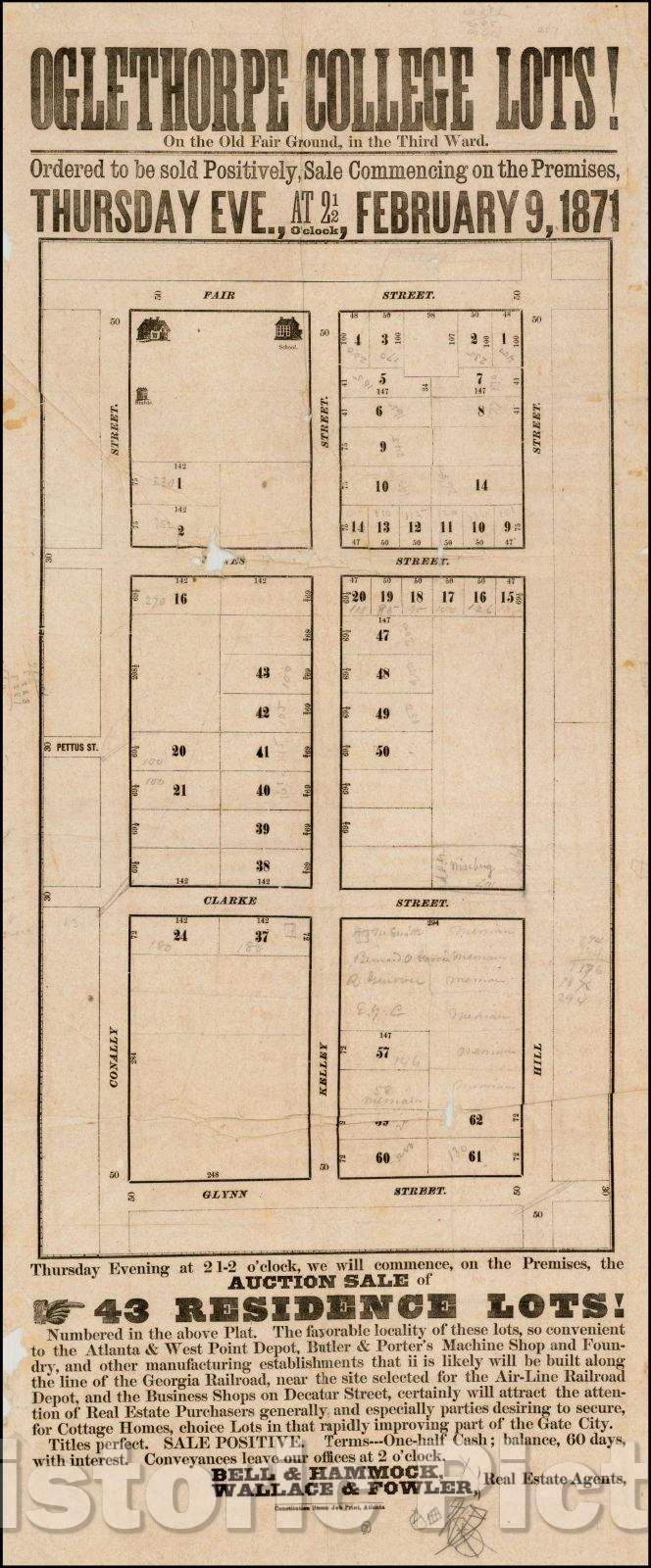 Historic Map - Oglethorpe College Lots! On the Old Fair Ground, in the Third Ward. Ordered to be sold Positively, Sale Commencing on the Premises, 1871 - Vintage Wall Art