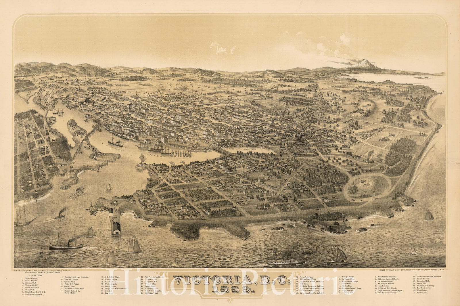Victoria British Columbia - Bird's Eye View, 1889 | Historical Map Print