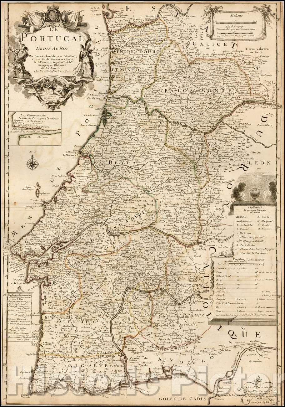 Historic Map - La Portugal Dedie Au Roy Par son tres humble, tres obeissant, et tres fidele Serviteur et sujet, P. Placide/Map of Portugal, 1700 - Vintage Wall Art