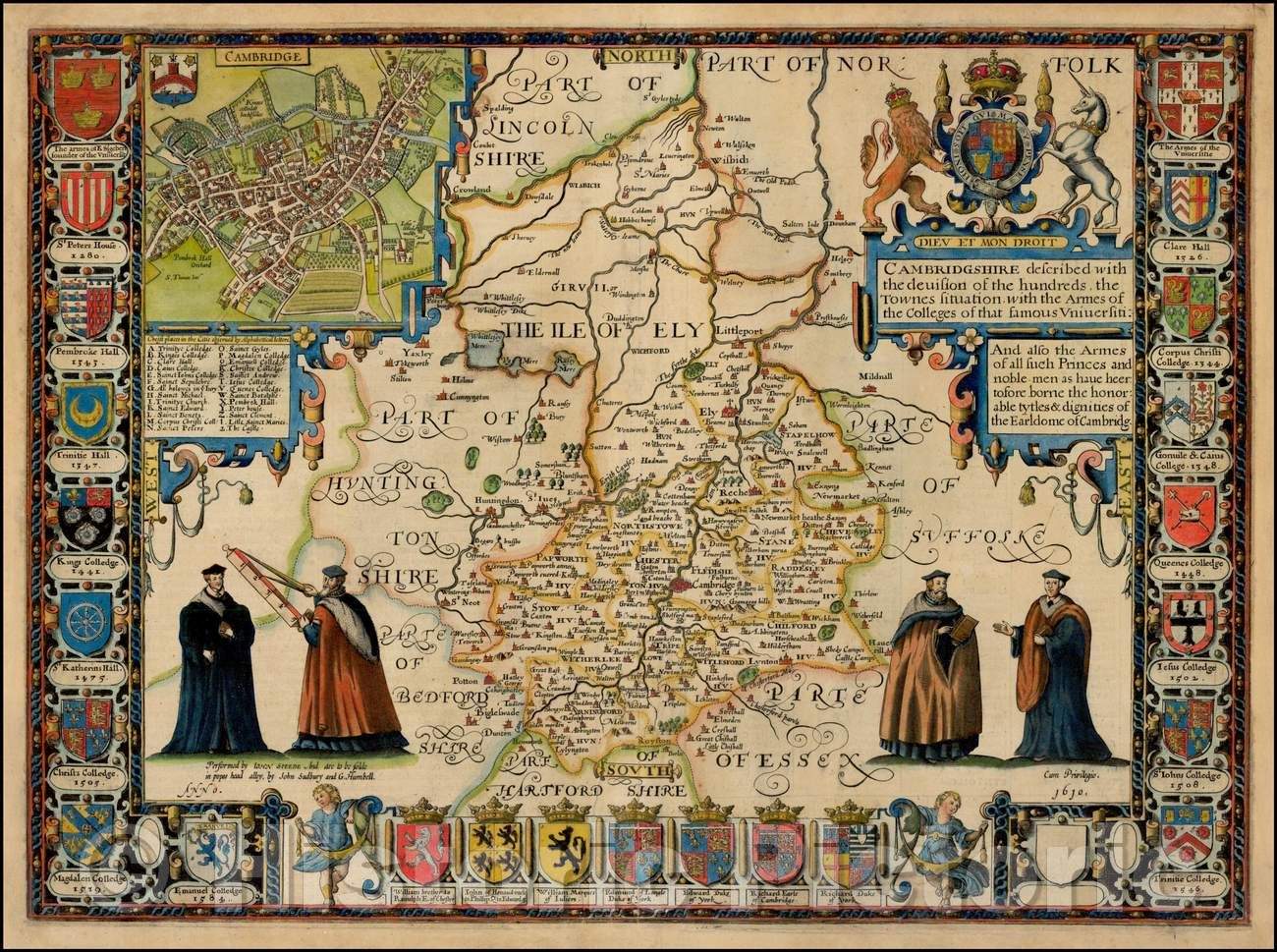 Historic Map - Cambridgshire described with the devision of the hundreds, the Townes situation with the Armes of the Colleges of that famous Universiti: 1611 v3