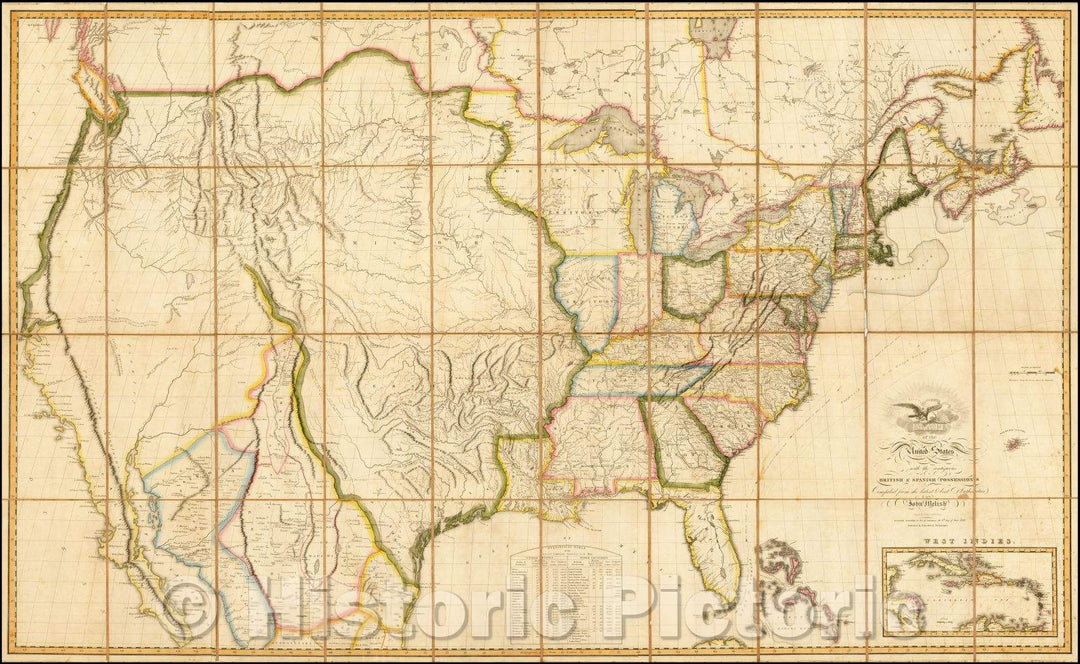 Historic Map - Map of the United States with the Contiguous British & Spanish Possessions, 1816, John Melish - Vintage Wall Art