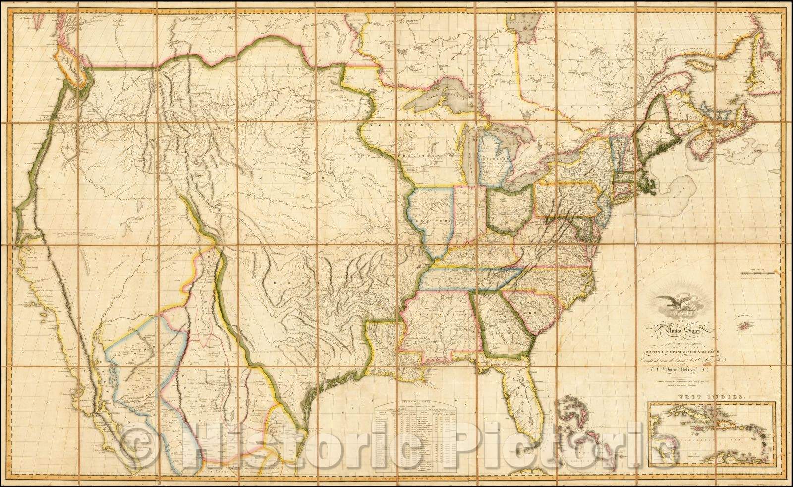 Historic Map - Map of the United States with the Contiguous British & Spanish Possessions, 1816, John Melish - Vintage Wall Art