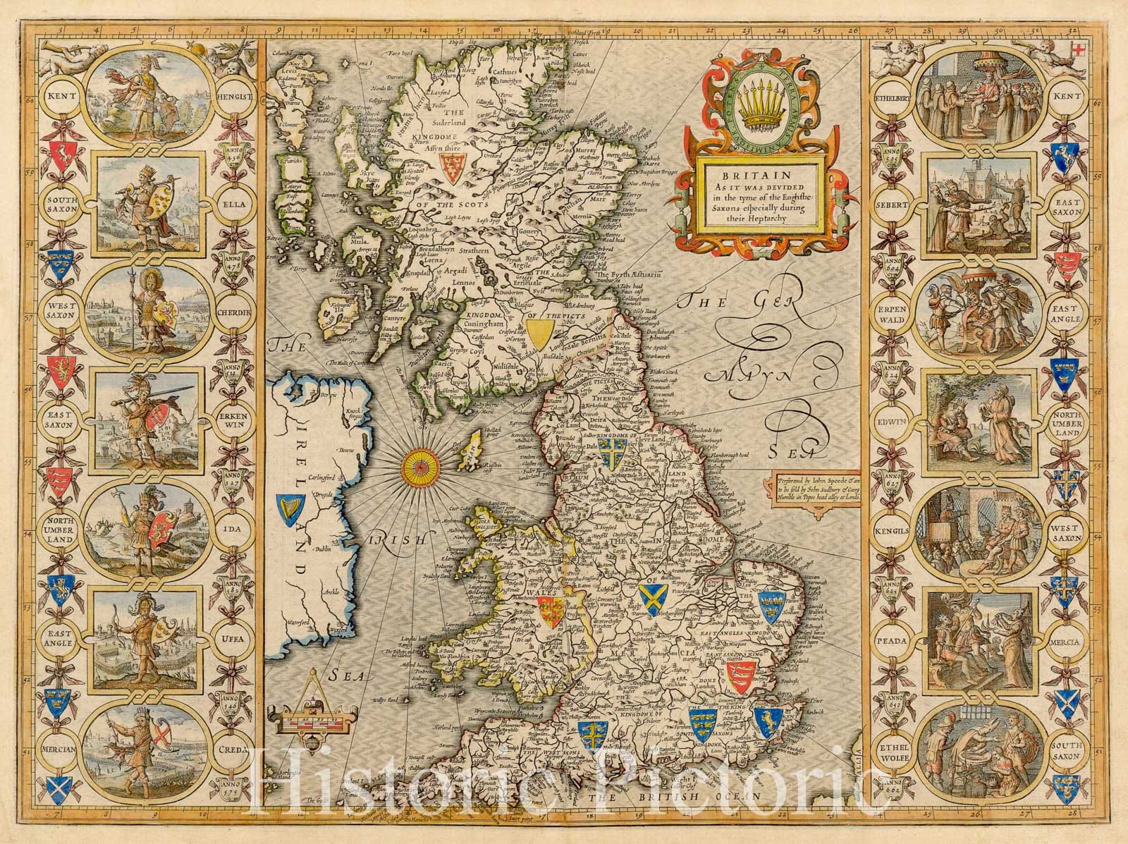 Britain during the English-Saxons and Heptarchy - 1627 Antique Map Print