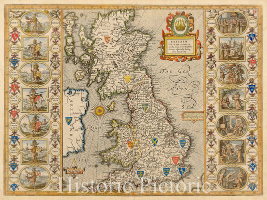 Britain during the English-Saxons and Heptarchy - 1627 Antique Map Print