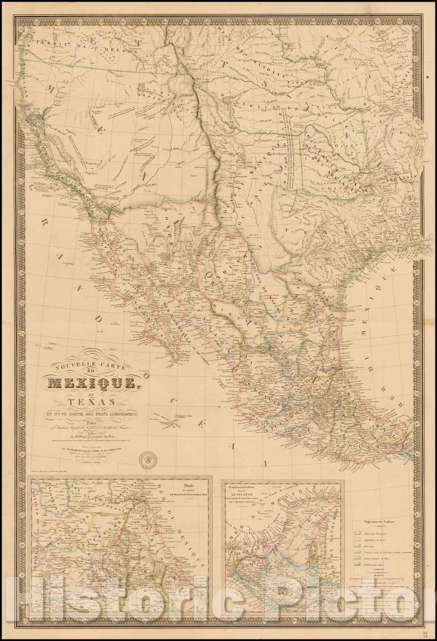 Historic Map - Nouvelle Carte Du Mexique, Du Texas Et D'Une Partie Des Etats Limitrophes, 1845, Adrien-Hubert Bru?- Vintage Wall Art