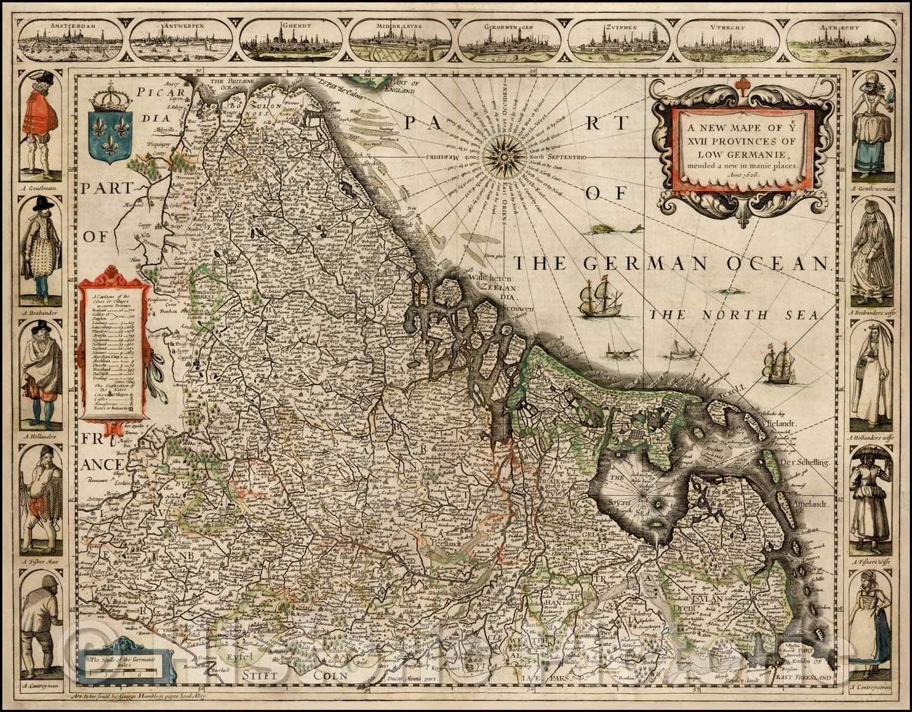 Historic Map - A New Mape of ye XVII Provinces of Low Germanie, Mended a New in Manie Places. Anno, 1626, John Speed - Vintage Wall Art