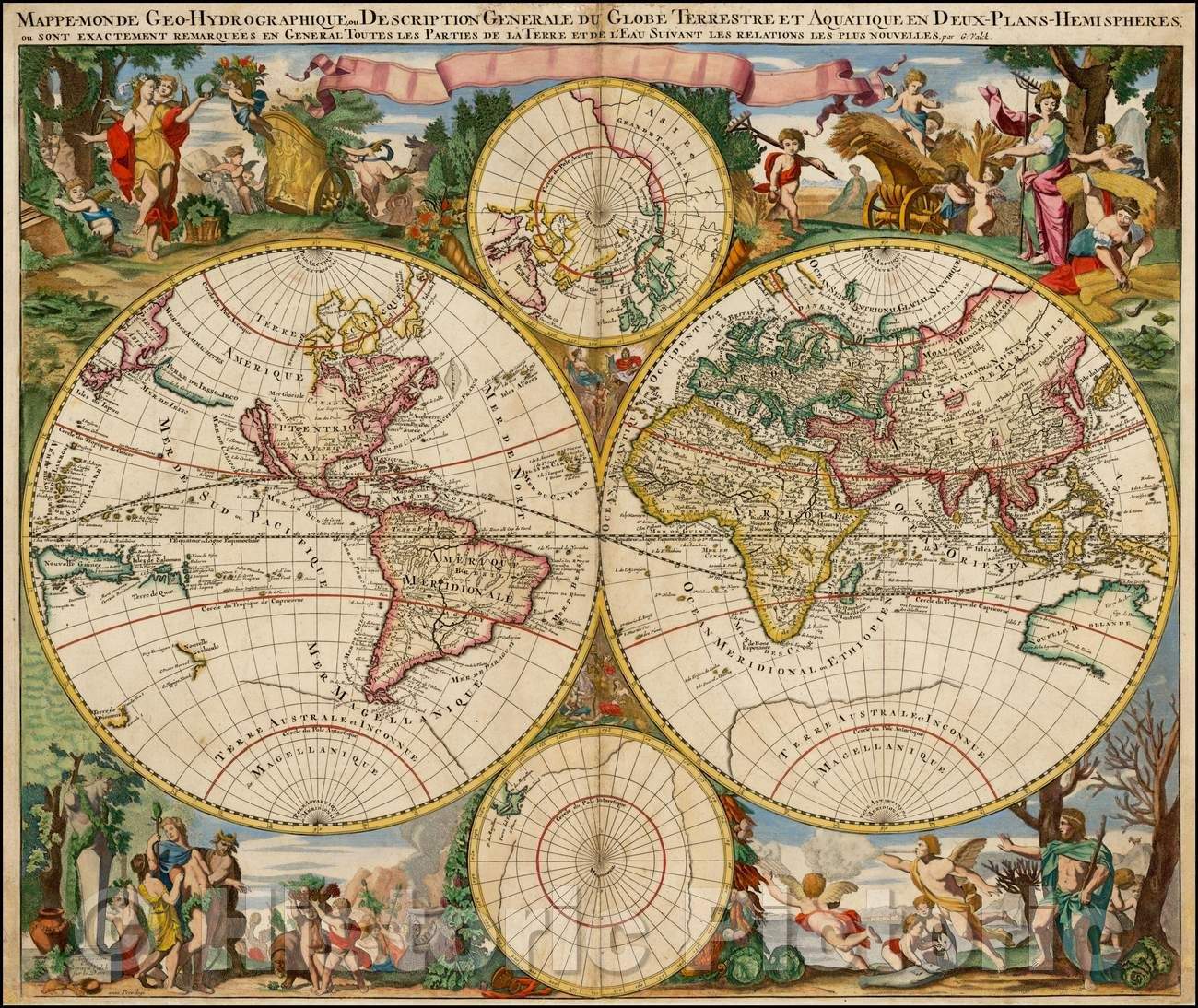 Historic Map - Mappe-Monde Geo-Hydrographique ou Description Generale Du Globe Terrestre :: Double hemisphere of the World, by Gerard Valk in 1686, 1686 - Vintage Wall Art