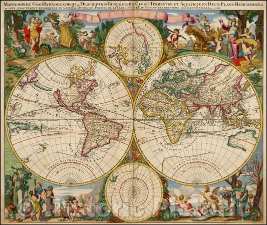 Historic Map - Mappe-Monde Geo-Hydrographique ou Description Generale Du Globe Terrestre :: Double hemisphere of the World, by Gerard Valk in 1686, 1686 - Vintage Wall Art
