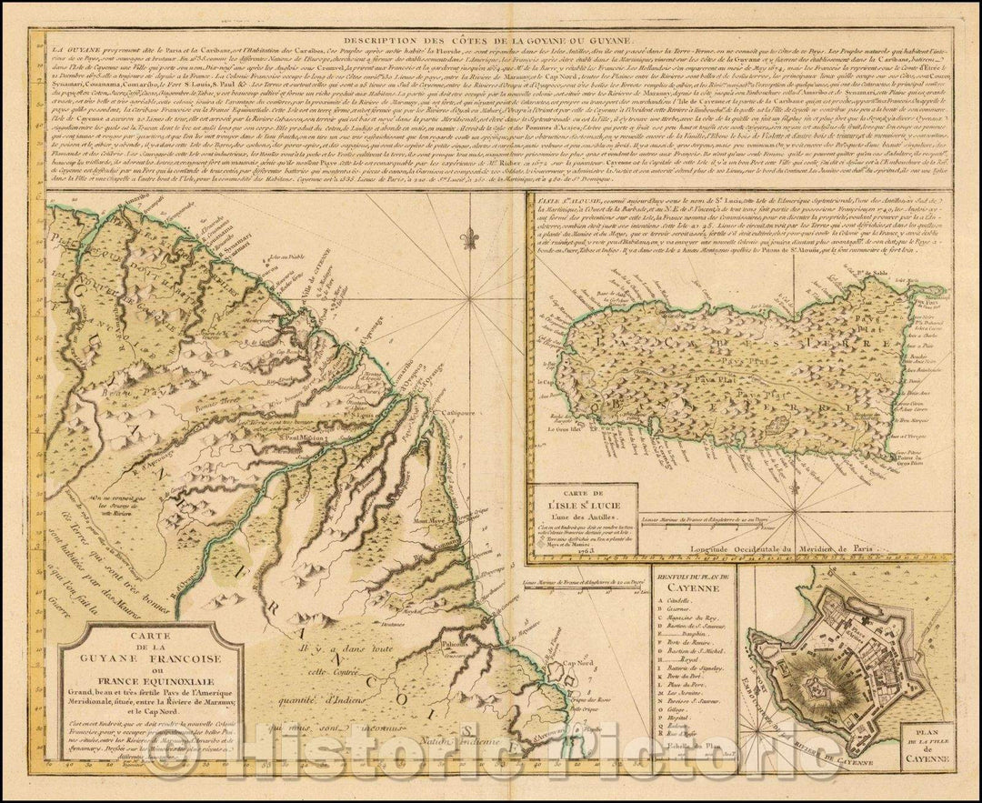 Historic Map - Carte de la Guyane Francoise ou France Equinoxiale Grand beau et tres Fertile/Map of French Guiana and St. Lucia, 1763, Biteow - Vintage Wall Art