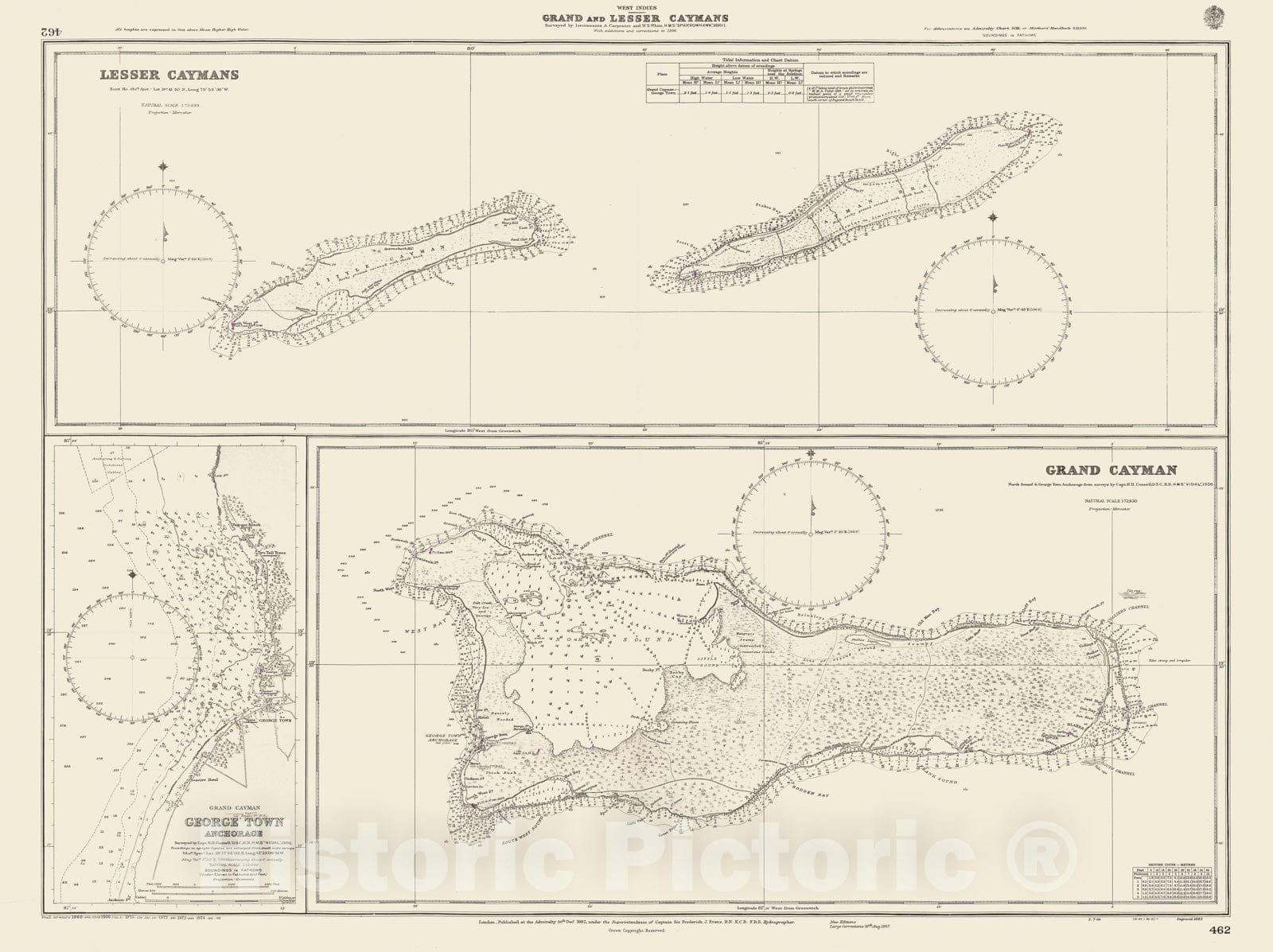 Historic Map - Grand and Lesser Caymans Surveyed 1880, 1880, British Admiralty - Vintage Wall Art