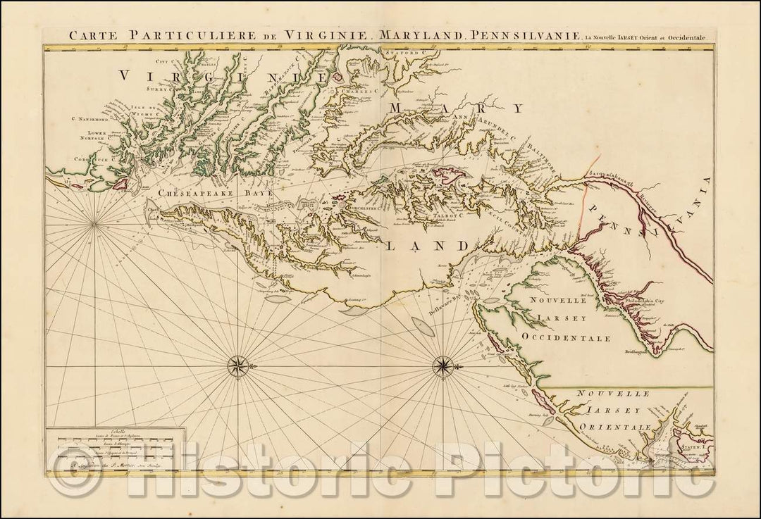 Historic Map - Carte Particuliere de Virginie, Maryland, Pennsilvanie, La Nouvelle Jarsey. Orient/Chart of Chesapeake Bay, Delaware Estuary, 1700 - Vintage Wall Art
