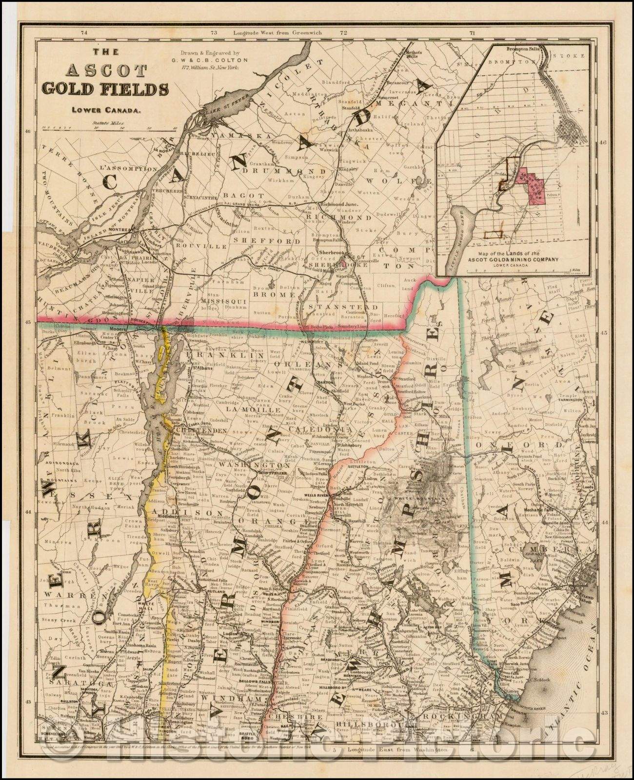 Historic Map - The Ascot Gold Fields Lower Canada, 1865, G.W. & C.B. Colton - Vintage Wall Art