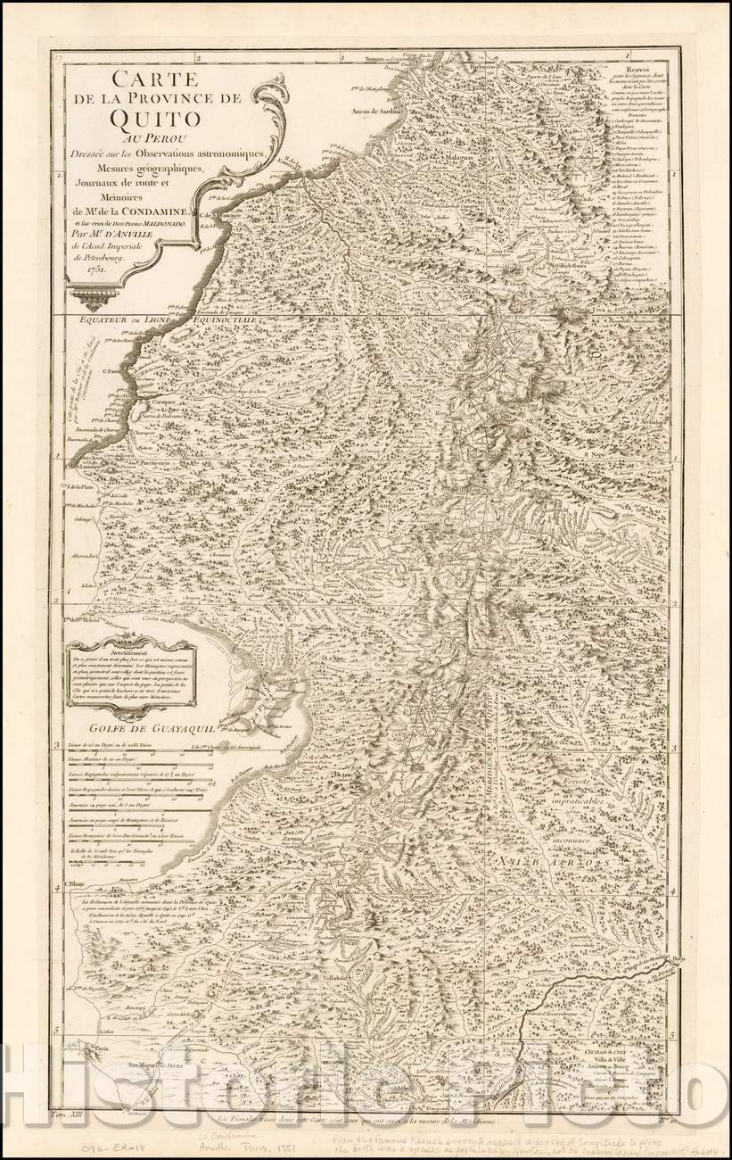 Historic Map - Province de Quito au Perou Dressee sur les Observations Astron :: of the Province of Quito in Peru Standing on the Astronomical Observati, 1751 - Vintage Wall Art