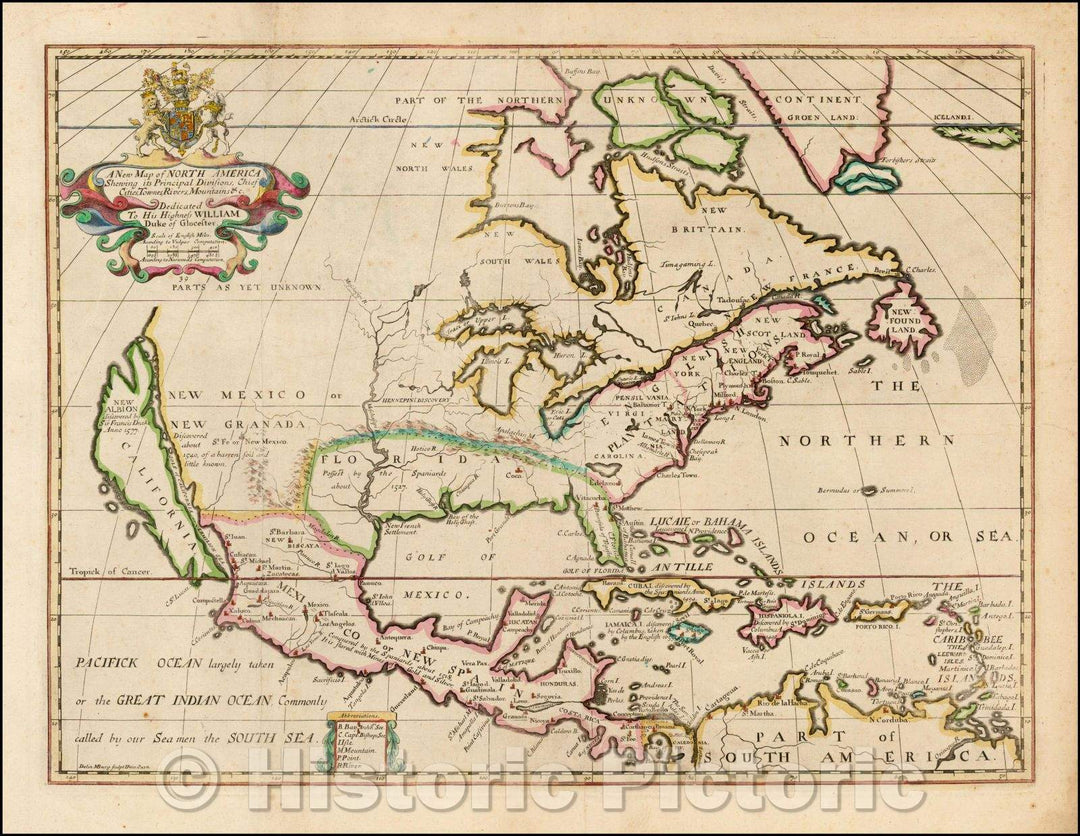 Historic Map - North America Shewing its Principal Divisions, Chief Cities, Townes, Rivers, Mountains, 1701, Edward Wells v2
