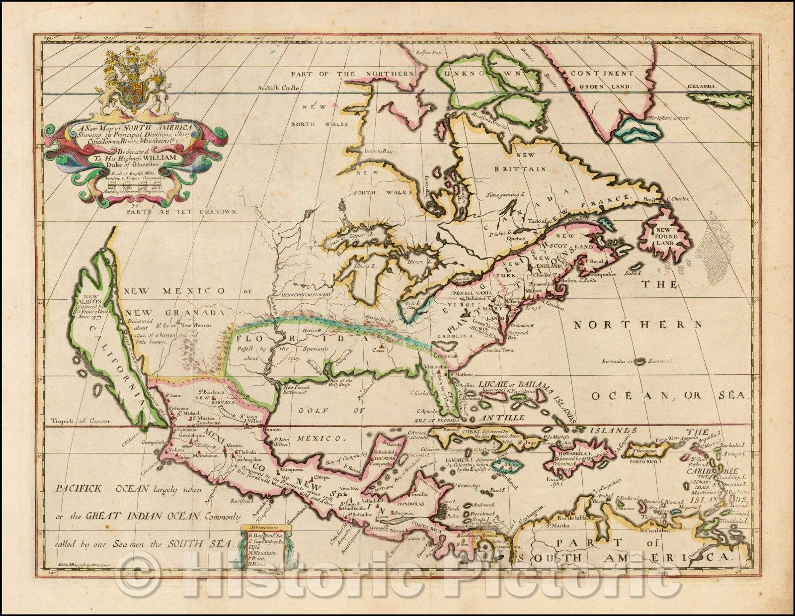 Historic Map - North America Shewing its Principal Divisions, Chief Cities, Townes, Rivers, Mountains, 1701, Edward Wells v2