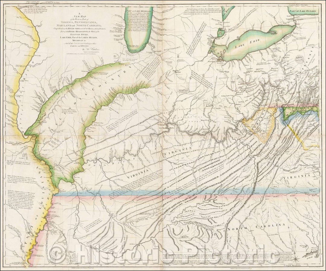 Historic Map - A New Map of the Western Parts of Virginia, Pennsylvania, Maryland and North Carolina; Comprehending the River Ohio, and all the Rivers, 1778 - Vintage Wall Art