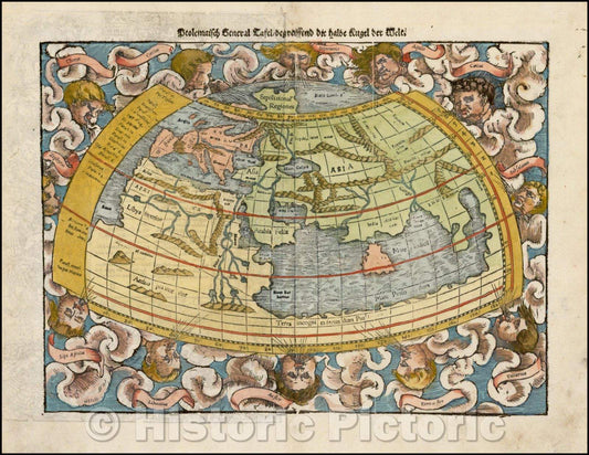 Historic Map - Ptolemaisch General Tafel/begreiffende die halde Kugel der Welt, 1550, Sebastian M?nster - Vintage Wall Art
