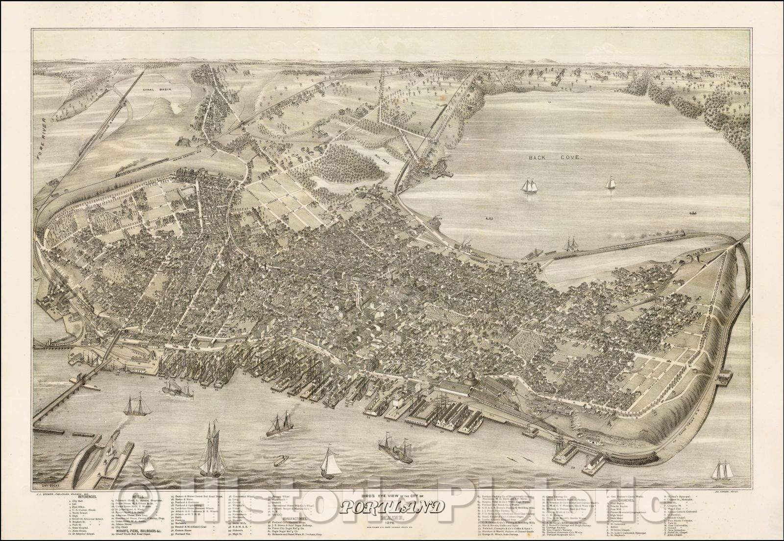 Historic Map - Bird's Eye View of the City of Portland, Maine, 1876, J.J. Stoner - Vintage Wall Art