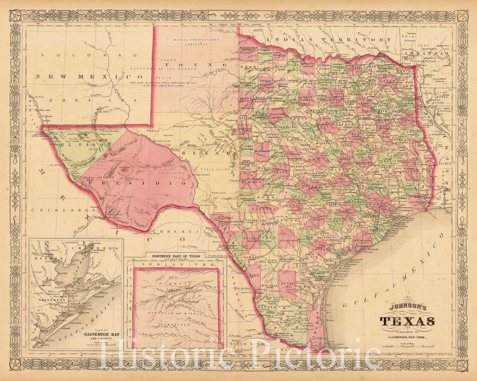 Historic Map - Johnson's Texas, 1866, Alvin Jewett Johnson - Vintage Wall Art