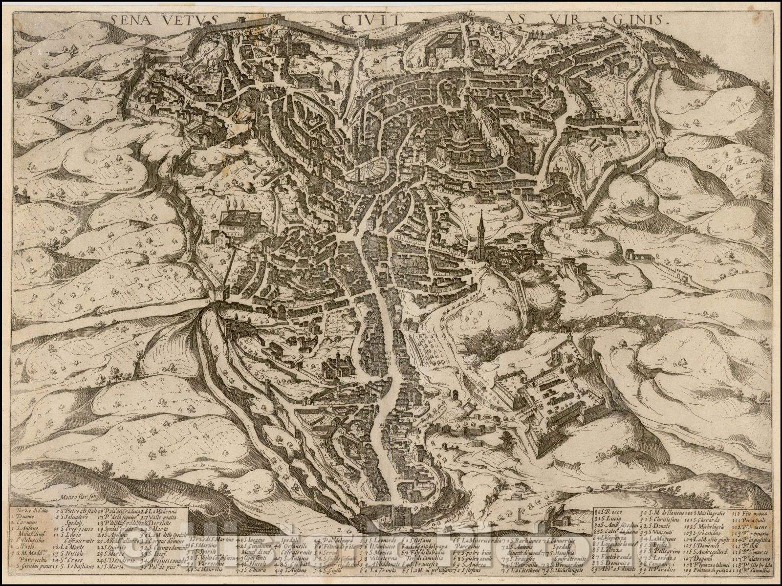 Historic Map - Sena Vetus Civitas Virginis/Six Old City of Virginia, 1595, Matteo Florimi - Vintage Wall Art