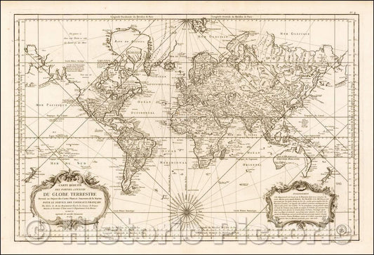 Historic Map - Carte Reduite Des Parties Connues Du Globe Terrestre Dressee au Depost des Cartes Plans et Journaux de la Marine, 1784, Antoine Sartine - Vintage Wall Art