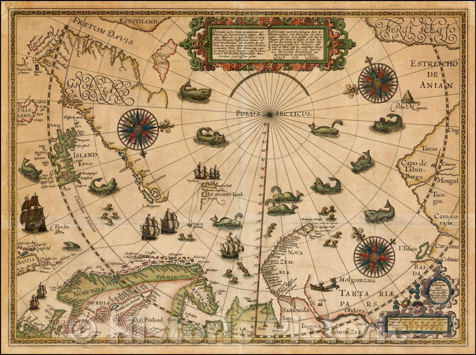 Historic Map - Deliniatio Cartae Trium Navigationum per Batavos, ad Septentrionalem Plagam, Norvegiae, Moscoviae, et Novae Semblae, 1598, Willem Barentsz - Vintage Wall Art