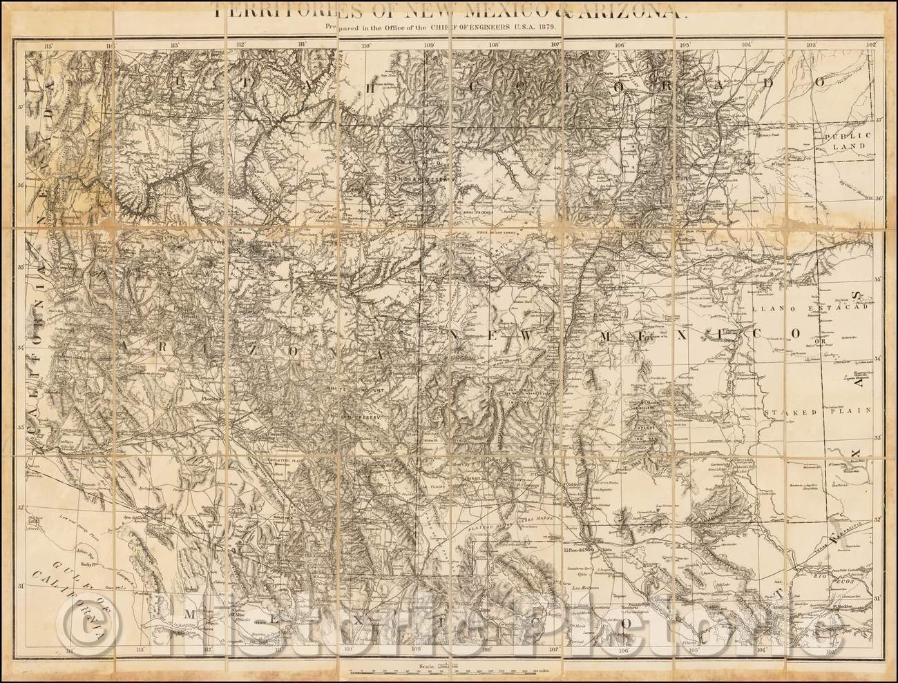 Historic Map - Territories of New Mexico & Arizona. Prepared in the Office of the Chief of Engineers U.S.A, 1879 - Vintage Wall Art