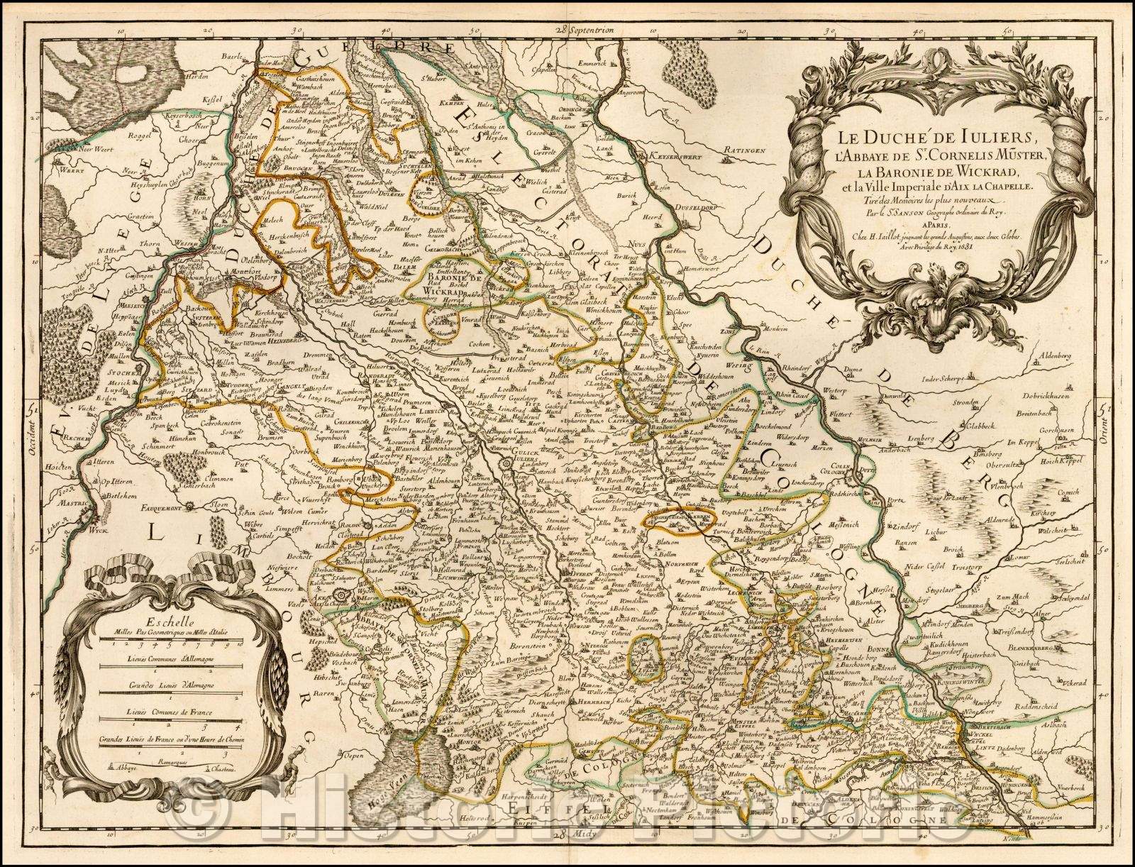 Historic Map - Le Duche de Iuliers L'Abbaye de St. Cornis Muster, La Baronie de Wickrad :: Region between the Maas River and the Rhine River, 1681 - Vintage Wall Art