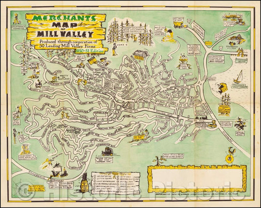 Historic Map - Merchants Map of Mill Valley Produced through cooperation of 50 Leading Mill Valley Firms. 1950-51 Edition, 1950, George Alassa - Vintage Wall Art
