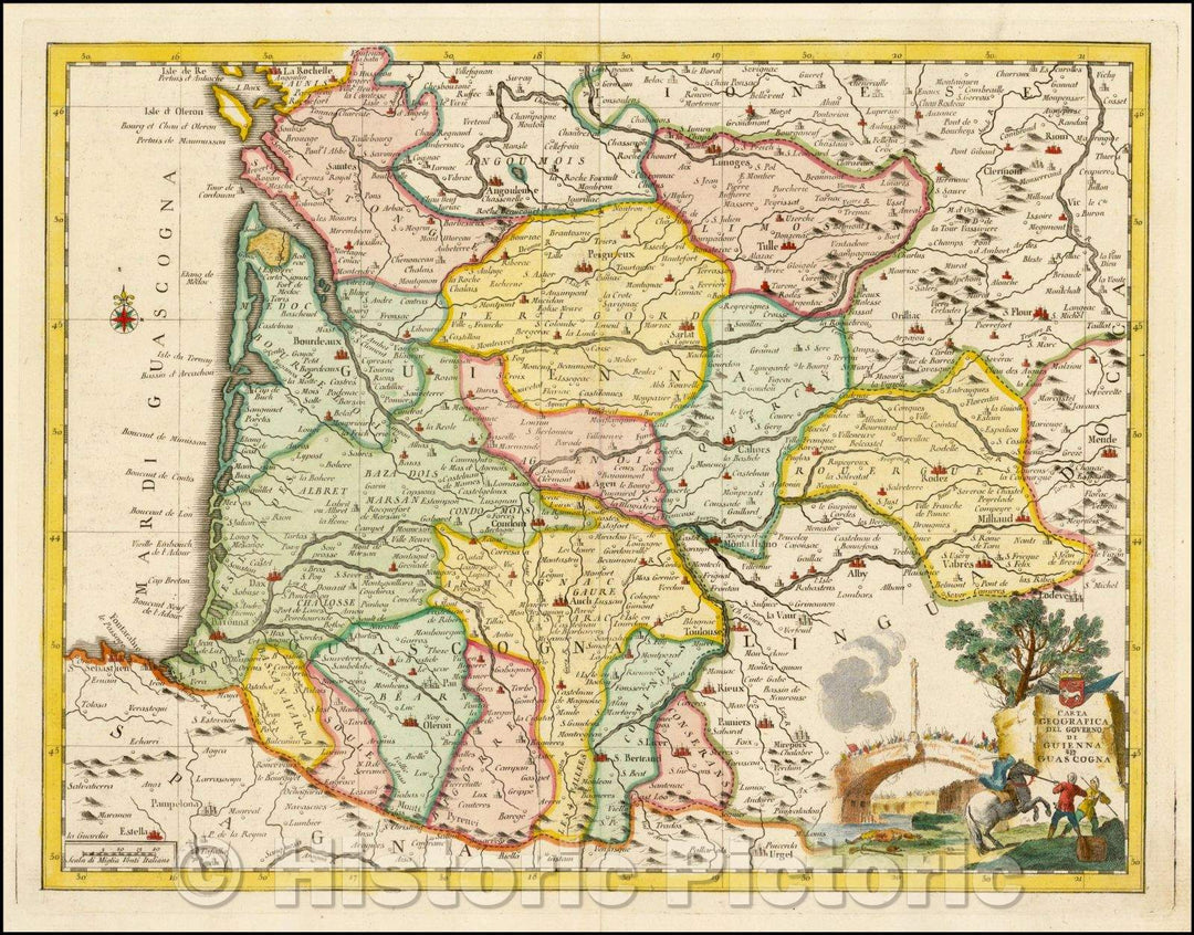 Historic Map - Carta Geografica Del Governo Di Guienna e Guascogna/Map of part of Southwestern France, with a cartouche, 1740, Giambattista Albrizzi - Vintage Wall Art